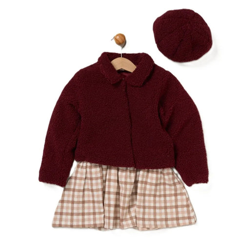 Willow & Whistle - 3 Piece Gingham Dress Set Sherpa Burgundy G10969