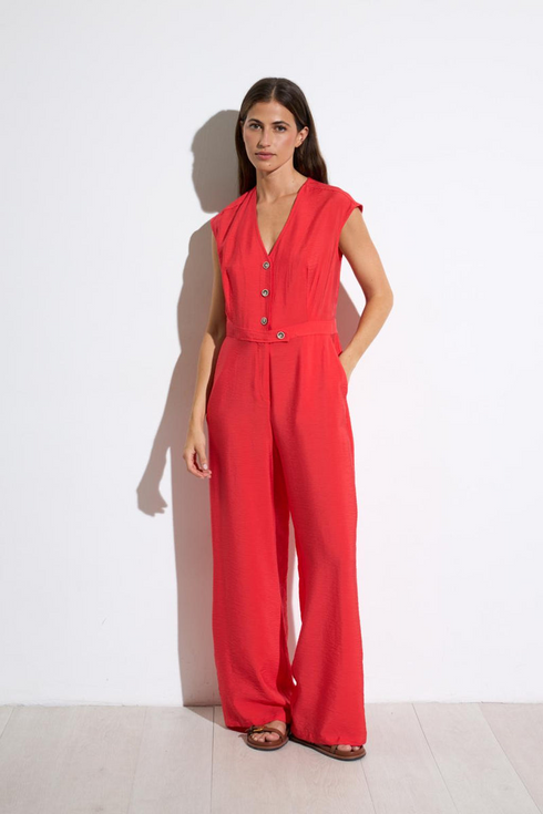 Tinta Coral Women's Garbo Sleeveless Wide Leg Button Front Jumpsuit