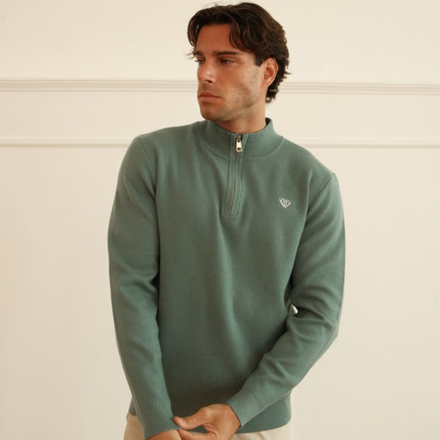 Walker and Hunt Huxley Quarter Zip Knit Sage Green Merino Wool Blend