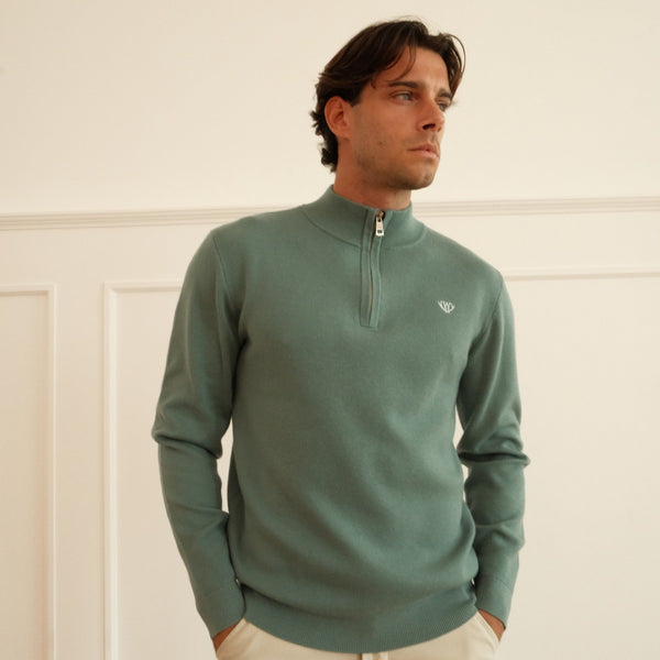 Walker and Hunt Huxley Quarter Zip Knit Sage Green Merino Wool Blend