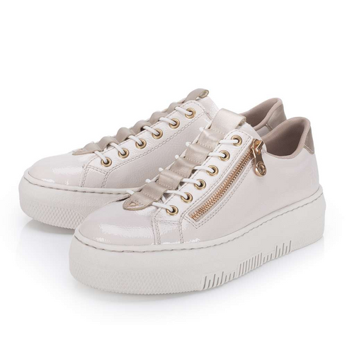 Rieker Women's Beige & Gold M1953-80 Patent Lightweight Wedge Sneakers with Elastic Laces & Zip
