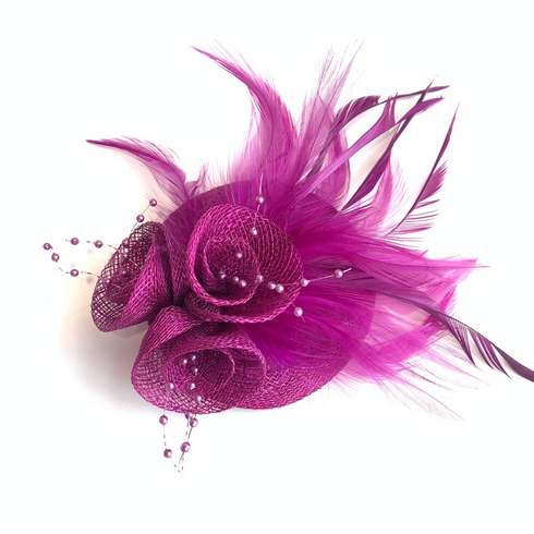 Womens Sinamay Round Floral Fascinator with Feather & Pearl Detail DO1