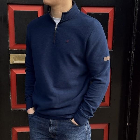 Mineral Brendan Ribbed 1/4 Zip Knit Dark Denim Textured Midweight Stand Collar