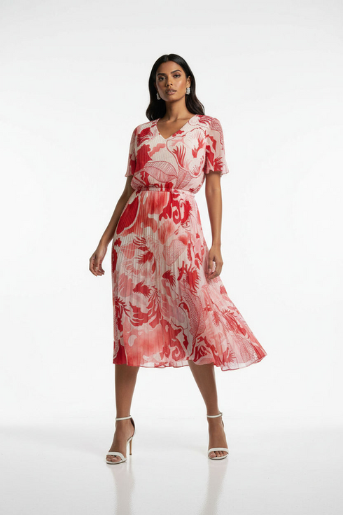 Marc Angelo Womens Red Floral Plissé Flare Midi Dress MA6599