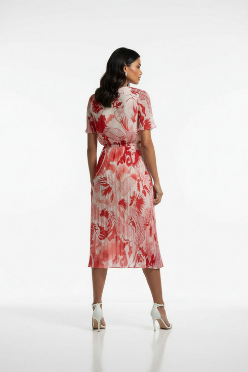 Marc Angelo Womens Red Floral Plissé Flare Midi Dress MA6599