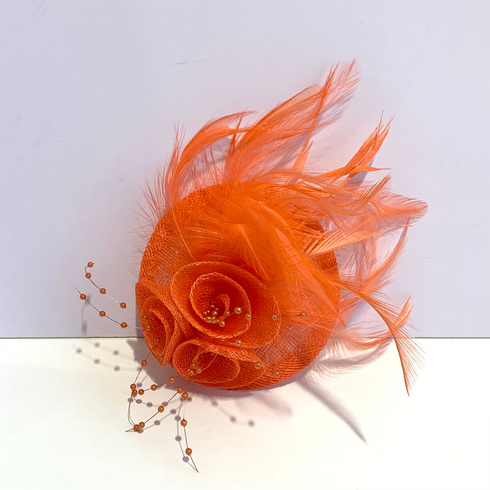 Womens Sinamay Round Floral Fascinator with Feather & Pearl Detail DO1