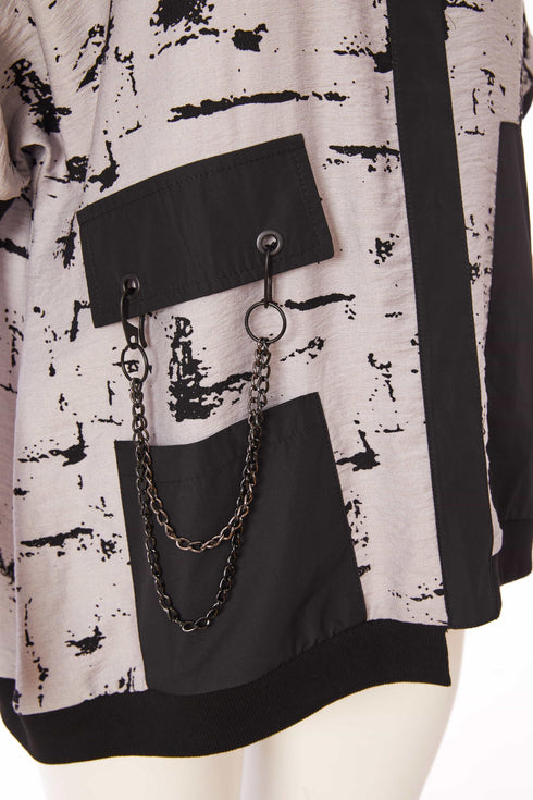 Ora Stone Printed Dress in Grey and Black with Pocket ORS25116