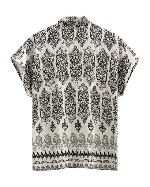 Freequent JONY Shirt Beige and Black Patterned Short Sleeve 208019