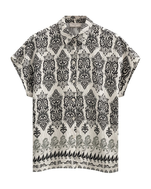 Freequent JONY Shirt Beige and Black Patterned Short Sleeve 208019