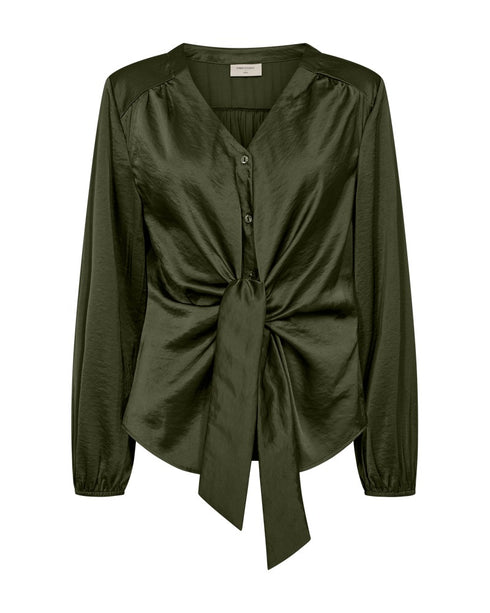 Freequent FQDove V-Neck Blouse with Front Buttons & Tie Belt – 207579