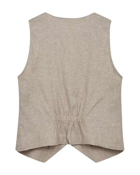 Freequent FQVASI Waistcoat Sand Melange Silver Metallic Thread Linen Blend V-Neck