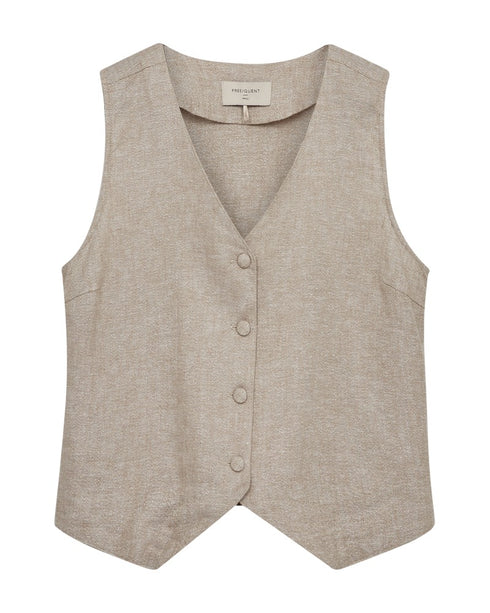 Freequent FQVASI Waistcoat Sand Melange Silver Metallic Thread Linen Blend V-Neck