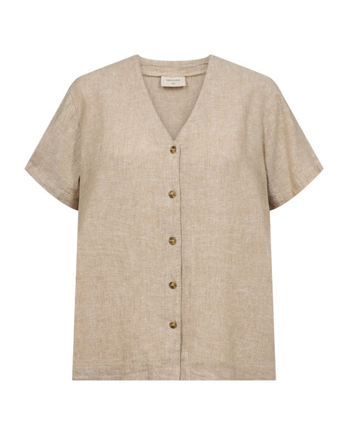 Freequent LAVA Linen Shirt Sand Melange Short Sleeve V-Neck 208150