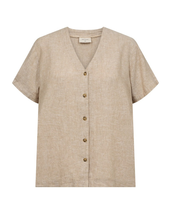 Freequent LAVA Linen Shirt Sand Melange Short Sleeve V-Neck 208150