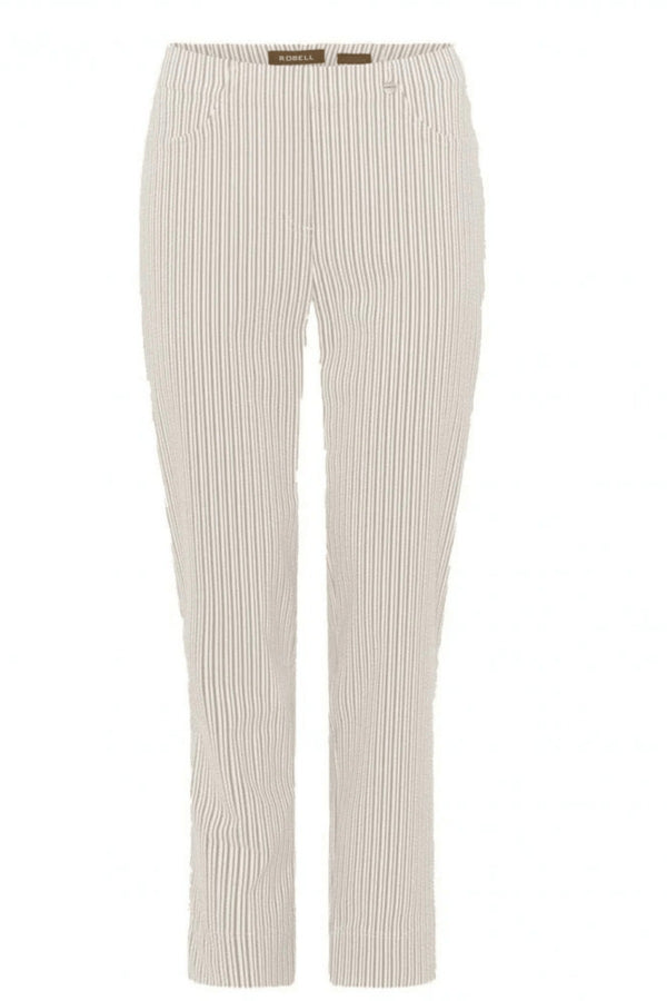 Robell Bella 09 7/8 Trousers Gold/Beige Stripes 68cm Straight Fit Pull-On 52642-5674
