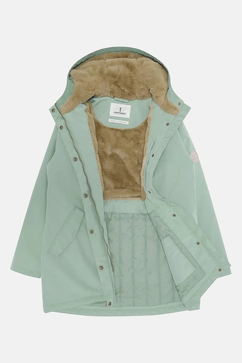 Lighthouse Scarlet AW26 in Sage Faux Fur Lined Waterproof Mid-Hip Coat