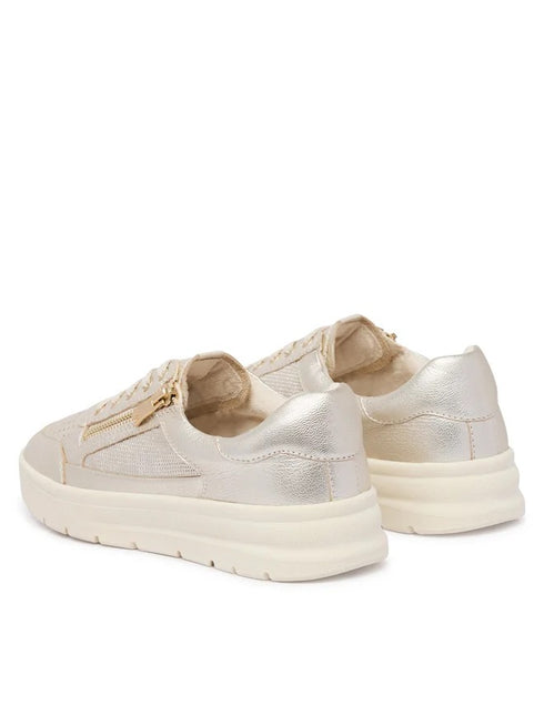 Caprice Women’s Platinum Metallic Leather Trainers – Gold Shimmer Zip & Lace Sneakers – 9-23704-46