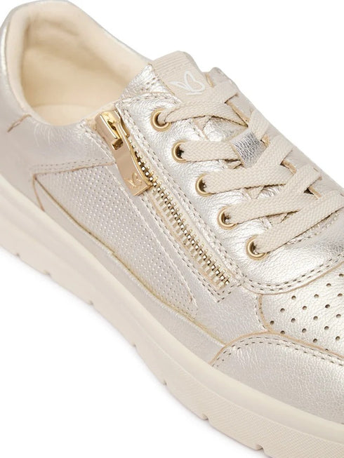 Caprice Women’s Platinum Metallic Leather Trainers – Gold Shimmer Zip & Lace Sneakers – 9-23704-46