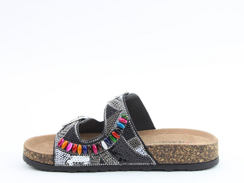 Heavenly Feet Jess Sandal Black Sequin Diamante Vegan Friendly 3cm Sole