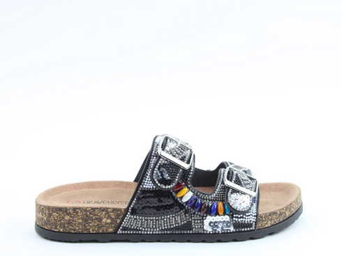 Heavenly Feet Jess Sandal Black Sequin Diamante Vegan Friendly 3cm Sole