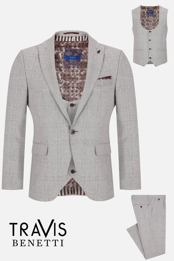 Travis by Benetti Eiffel Three-Piece Stone with a Subtle Check Super Slim Fit Suit