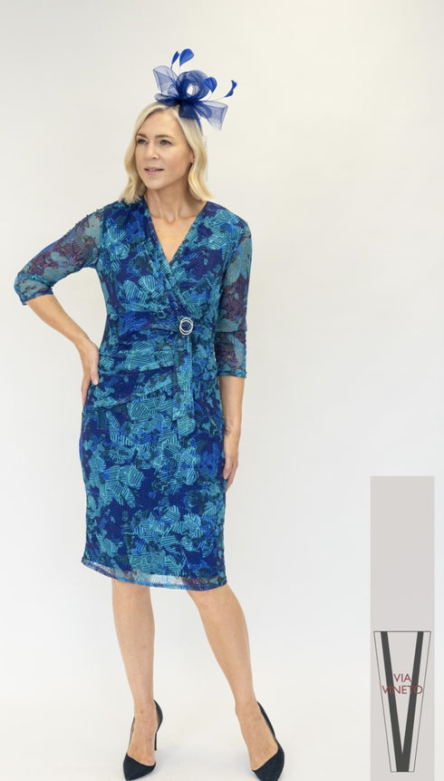 Via Veneto Royal Blue & Green Wrap Buckle Elegant Dress V78