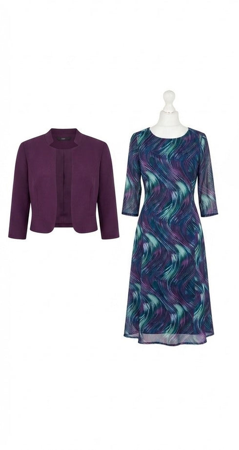 Via Veneto Plum & Mint Pattern Midi Dress and Matching Bolero V94 Mamy
