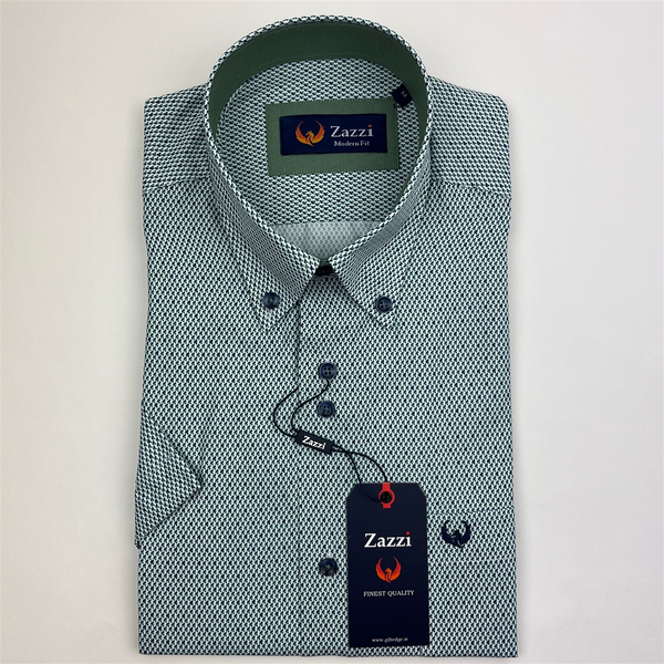 Zazzi Men's Green Short Sleeve Geometric Print Modern Fit Shirt 06-9724