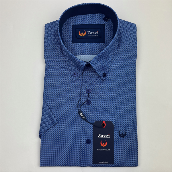 Zazzi Men's Navy Short Sleeve Geometric Print Modern Fit Shirt 06-9725