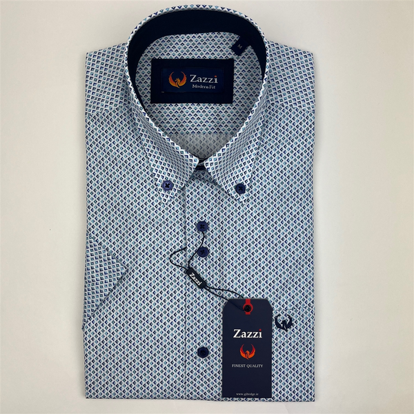 Zazzi Men's Teal Short Sleeve Geometric Print Modern Fit Shirt 06-9731