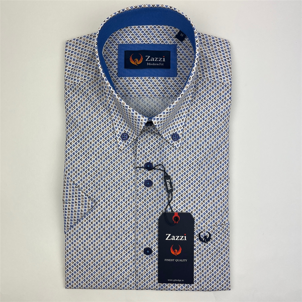 Zazzi Men's Blue/Beige Short Sleeve Geometric Print Modern Fit Shirt 06-9731