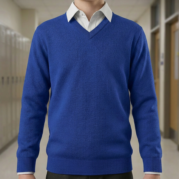 Hunter Schoolwear 674 V Neck School Jumper Royal Blue No Crest/Logo Plain Unisex Acrylic Knitwear