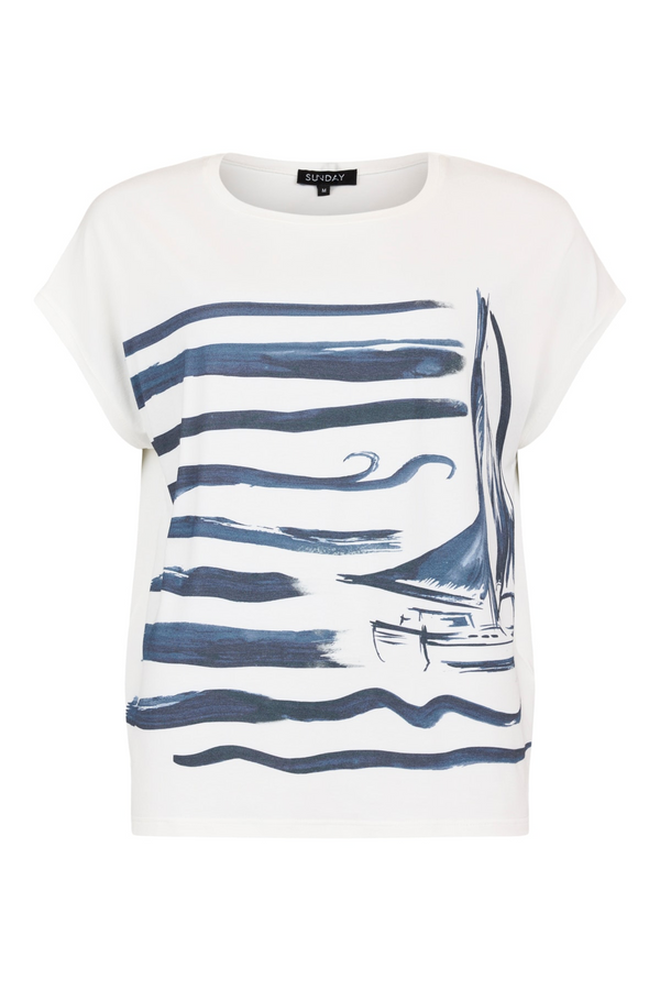 Sunday Womens White T-Shirt with Navy Boat Print 6088652369