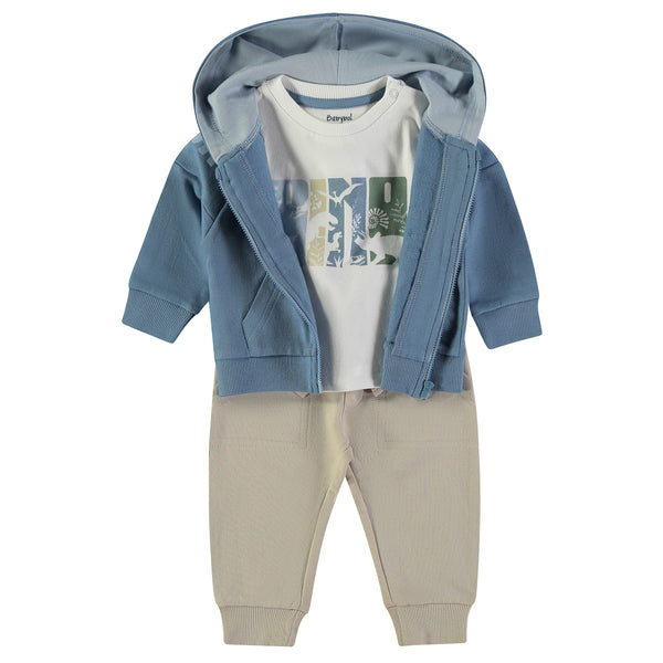 Babybol | 162009 Blue Zip Hoodie, Dinosaur T-Shirt and Joggers 3-Piece Set
