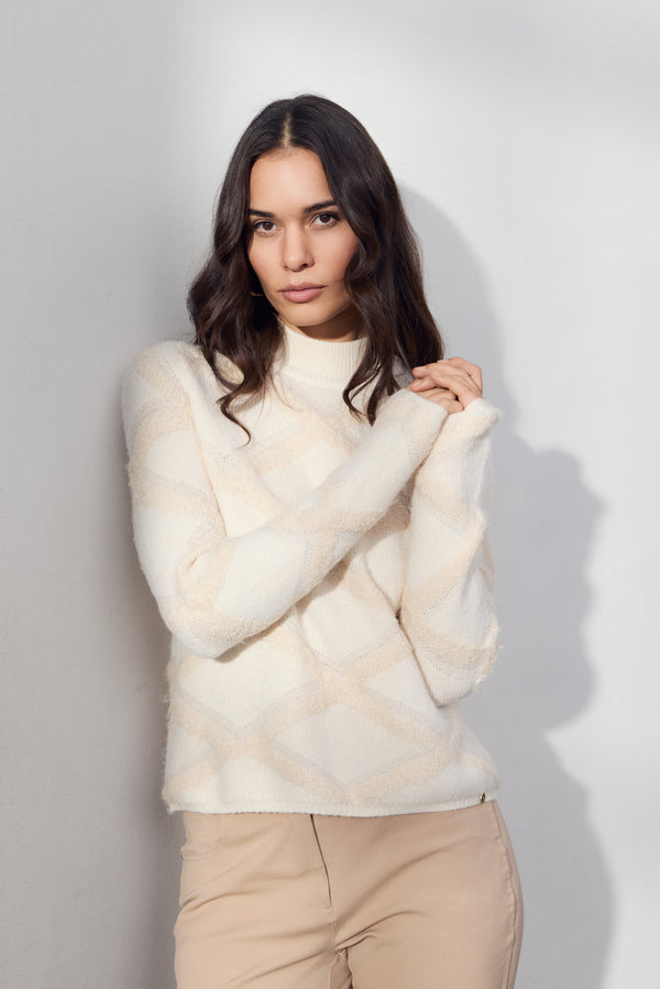 Micha Geometric Diamond Knit Mock-Neck Jumper 182185 62109 - OffWhite/Sand