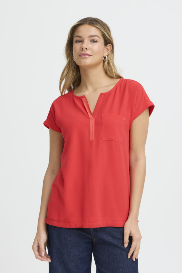 Fransa FRZawov Blouse Hibiscus Red Short Sleeve V-Notch Neck 20603737
