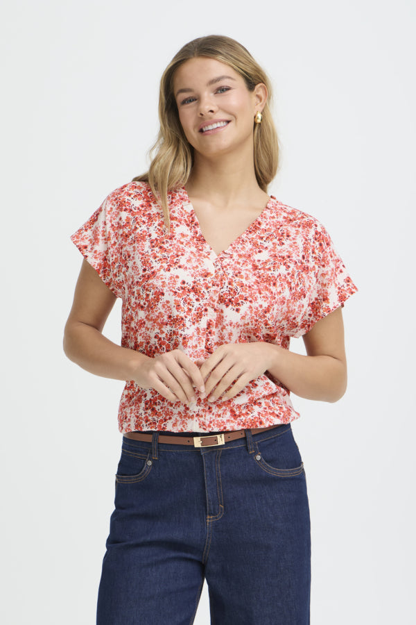 Fransa Womens S. Floral Hibiscus Red FRMERLE Printed Viscose Blouse 20617549