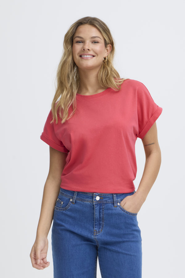 Fransa Womens Honeysuckle Red FRFEBA V-Neck Stretch Cotton T-Shirt 20617875