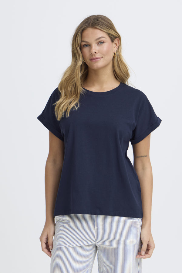 Fransa Womens Navy FRFEBA V-Neck Stretch Cotton T-Shirt 20617875