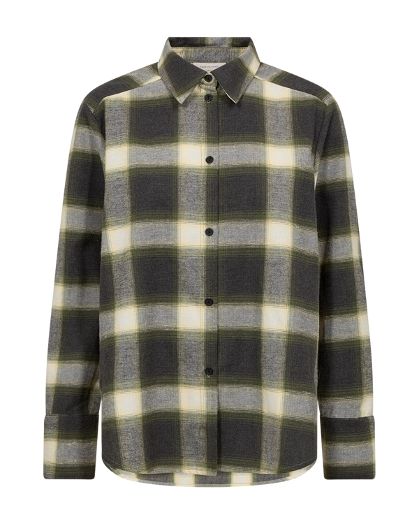 Freequent Womens FQERINO Brushed Cotton Check Shirt 211828 DKGRY - Dark Grey Mel w. Calliste Green
