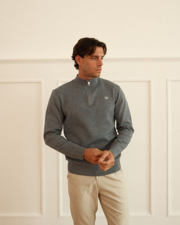 Walker and Hunt Huxley Quarter Zip Knit Steel Blue Merino Wool Blend