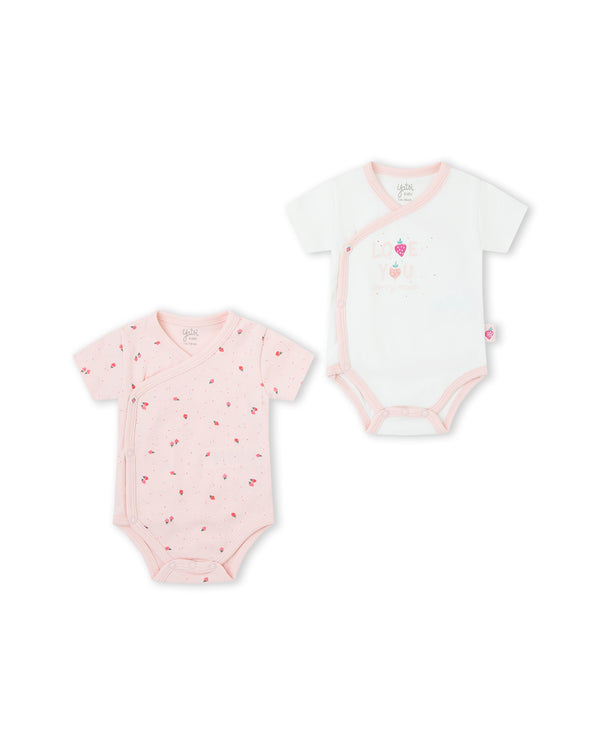 Yatsi | Baby Girl Pink & White Strawberry Print Cotton Short Sleeve Vests - 2 Pack - 26110076