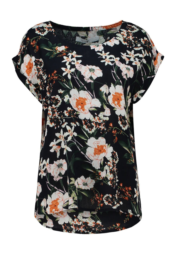 Hailys Women’s Ce44lina Navy Flower Print Top – EcoVero Viscose Short Sleeve Tee – HF-2208012-2