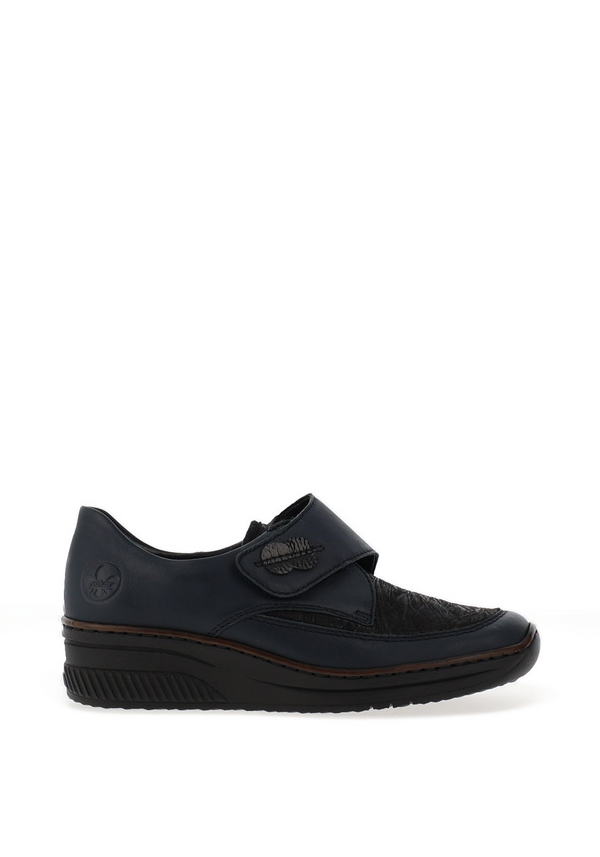 Rieker 487C0 Comfort Navy Black Leather Textile Velcro Slip On Wedge Shoes
