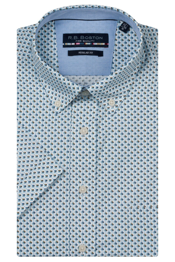 R.B. Boston Marshall Short Sleeve Button Down Blue Small Diamond Print 616670-640
