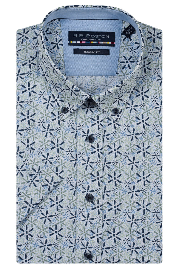 R.B. Boston Marshall Short Sleeve Button Down Green Blue Graphic Flowers 616670-708