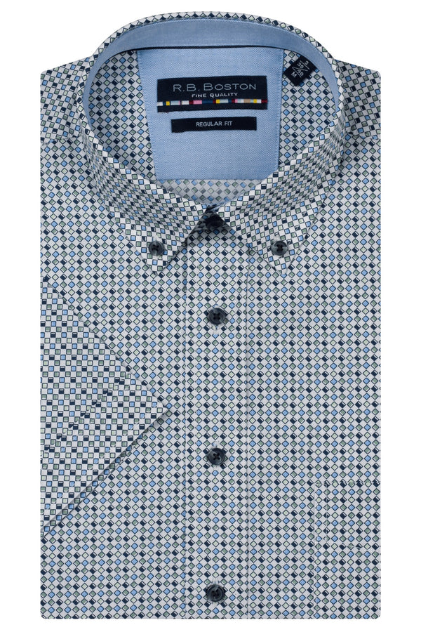 R.B. Boston Marshall Short Sleeve Button Down Green Blue Mini Squares Print 616670-714