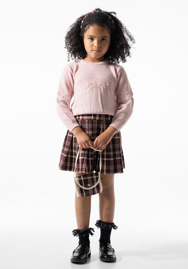 Ebita Girls Pink Knit Jumper and Plaid Pleated Skirt Set with Matching Headband and Handbag 267255