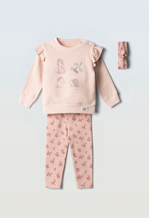 Ebita Girls 3-Piece Woodland Animal Ruffle Sweatshirt and Floral Leggings Set with Headband
