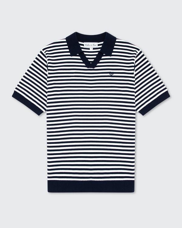 Walker & Hunt Milton Knitted Striped Polo Navy Cream 100% Cotton V-Neck